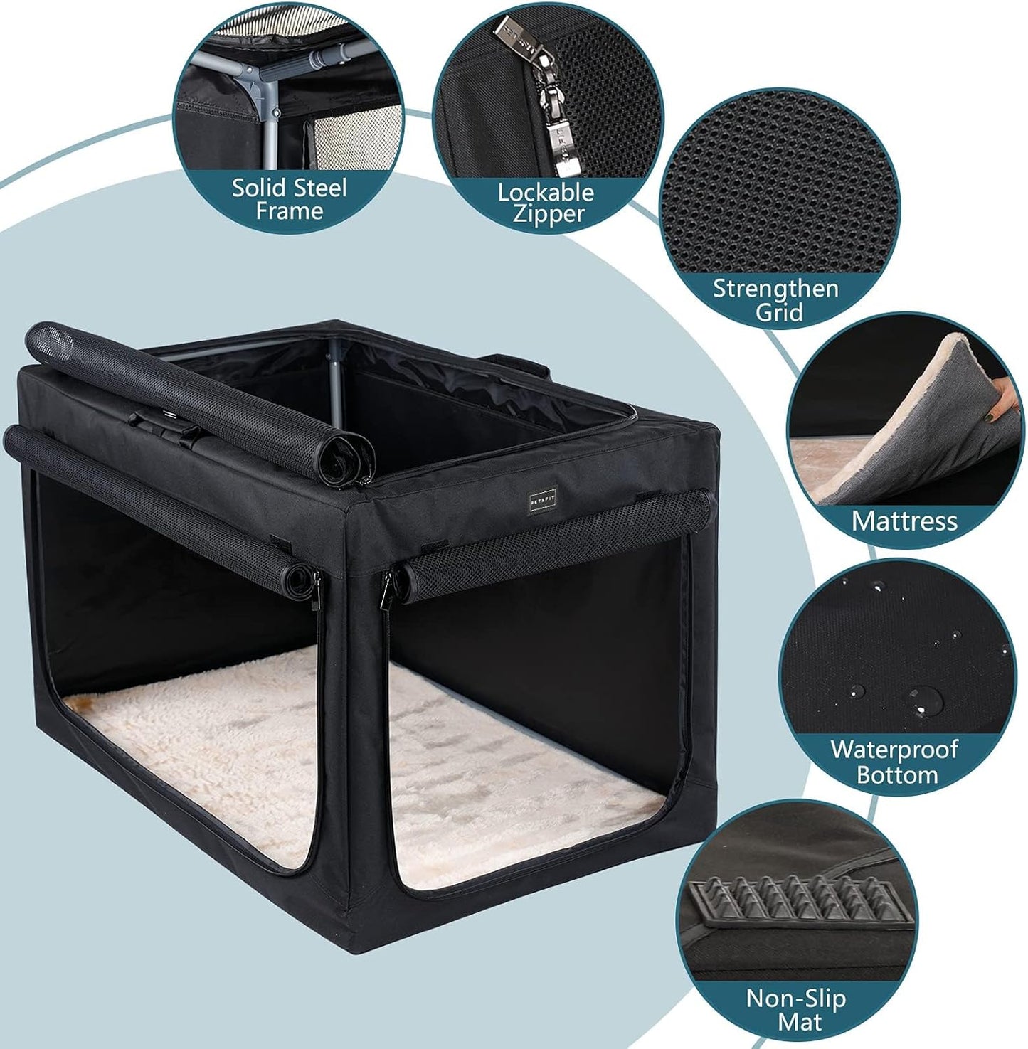 Portable Dog Crate, Soft Dog Crate - 24 Inch Easy Set-Up, Light, Sturdy, Comfy inside with Thicken Mat, Collapsible Crate for Home and Travel Black