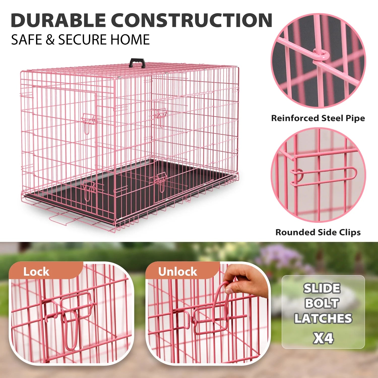 42 Inch Dog Crate, Dog Crates and Kennels Foldable Large Dog Crate for Large Dogs with Handle Double-Door Outdoor Metal Wire Dog Cage with Plastic Tray for Medium Dogs, Pink