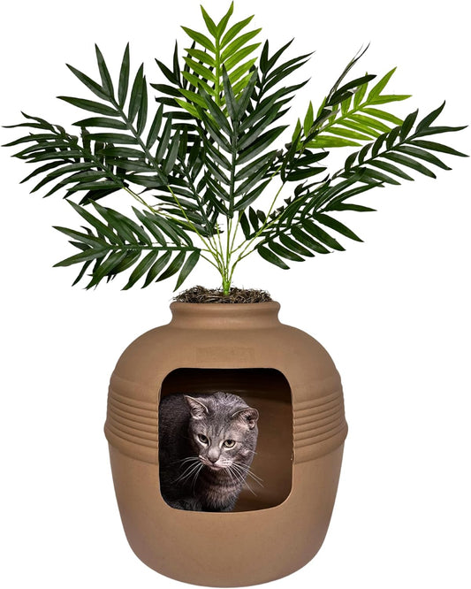 , Original Hidden Litter Box Base Kit, round Enclosed Cat Litter Box Artificial Planter, Pet Furniture, Vented Carbon Odor Filter System, Made in USA, Easy to Clean, Mocha Brown