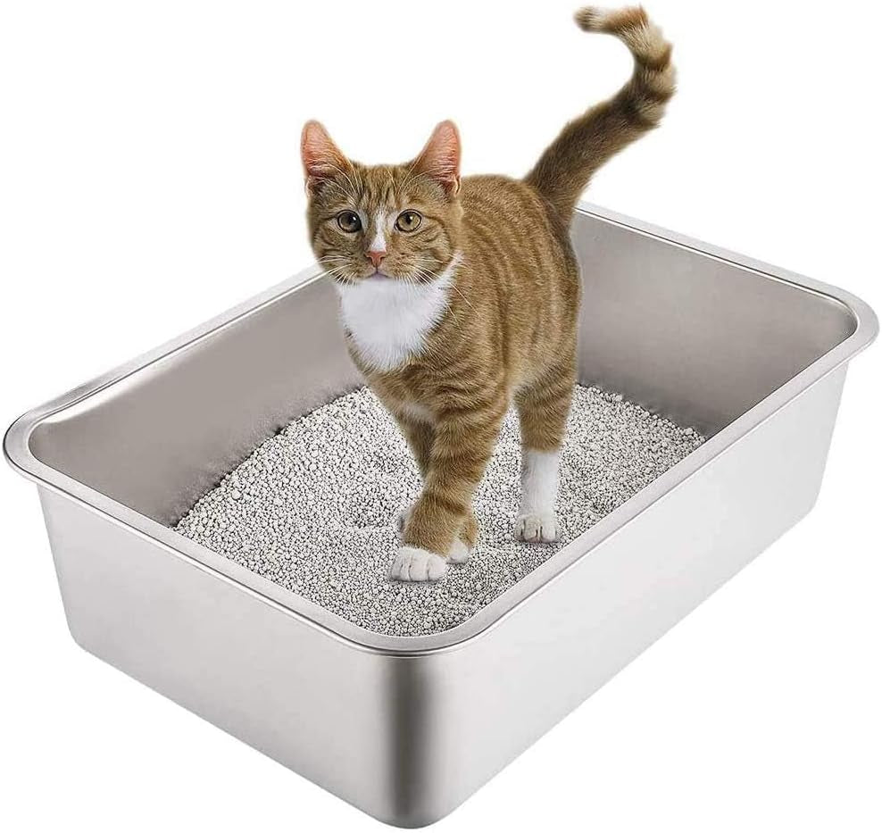 Stainless Steel Litter Box for Cat and Rabbit, Odor Control Litter Pan, Non Stick, Easy to Clean, Rust Proof, Large Size with High Sides and Non Slip Rubber Feets