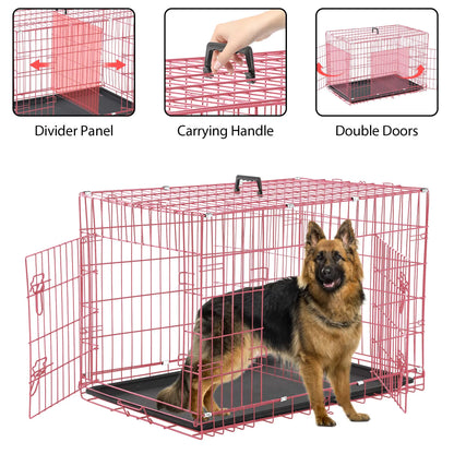 42 Inch Dog Crate, Dog Crates and Kennels Foldable Large Dog Crate for Large Dogs with Handle Double-Door Outdoor Metal Wire Dog Cage with Plastic Tray for Medium Dogs, Pink