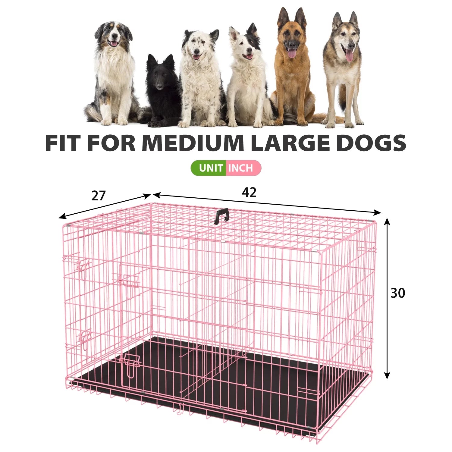 42 Inch Dog Crate, Dog Crates and Kennels Foldable Large Dog Crate for Large Dogs with Handle Double-Door Outdoor Metal Wire Dog Cage with Plastic Tray for Medium Dogs, Pink