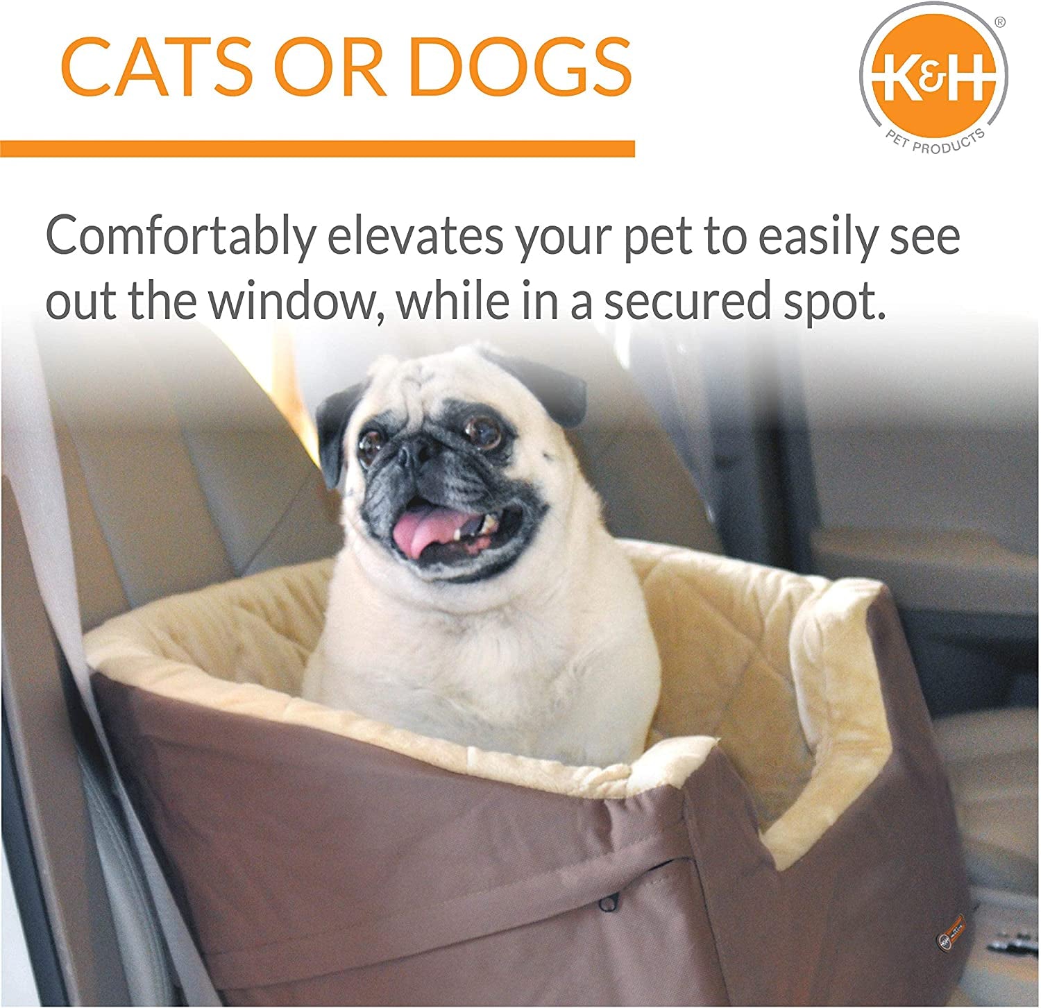 K&H Pet Product Bucket Booster Dog Car Seat with Dog Seat Belt for Car, Washable Small Dog Car Seat, Sturdy Dog Booster Seats for Small Dogs, Medium Dogs, 2 Safety Leashes, Small Tan/Tan