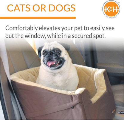 K&H Pet Product Bucket Booster Dog Car Seat with Dog Seat Belt for Car, Washable Small Dog Car Seat, Sturdy Dog Booster Seats for Small Dogs, Medium Dogs, 2 Safety Leashes, Small Tan/Tan