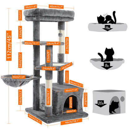 Cat Tree for Indoor Cats, 45 Inches Multi-Level Cat Tower with Sisal Covered Scratching Posts, Spacious Condo, Cozy Hammock and Plush Top Perch