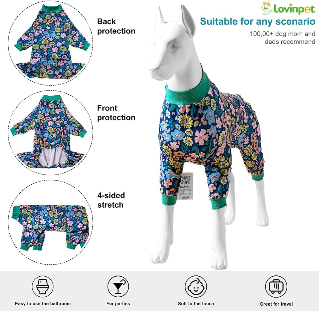 Dog Pajamas Large - Big Dog Clothes, Post Surgery Onesie, Lightweight Fabric Pitbull Dog Pullover Pajamas, Navy Wild Flowers Print,Pitull Pajamas, Full Coverage Dog Pj'S,Blue Green L