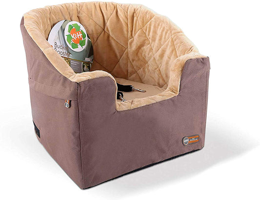 K&H Pet Product Bucket Booster Dog Car Seat with Dog Seat Belt for Car, Washable Small Dog Car Seat, Sturdy Dog Booster Seats for Small Dogs, Medium Dogs, 2 Safety Leashes, Small Tan/Tan