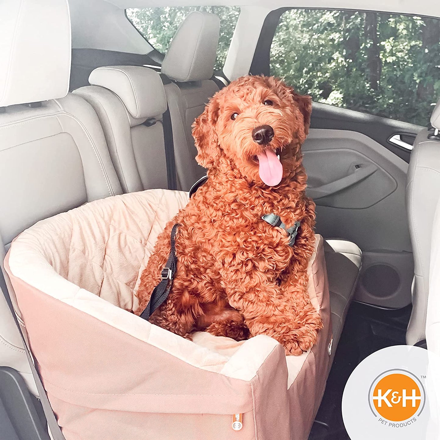 K&H Pet Product Bucket Booster Dog Car Seat with Dog Seat Belt for Car, Washable Small Dog Car Seat, Sturdy Dog Booster Seats for Small Dogs, Medium Dogs, 2 Safety Leashes, Small Tan/Tan