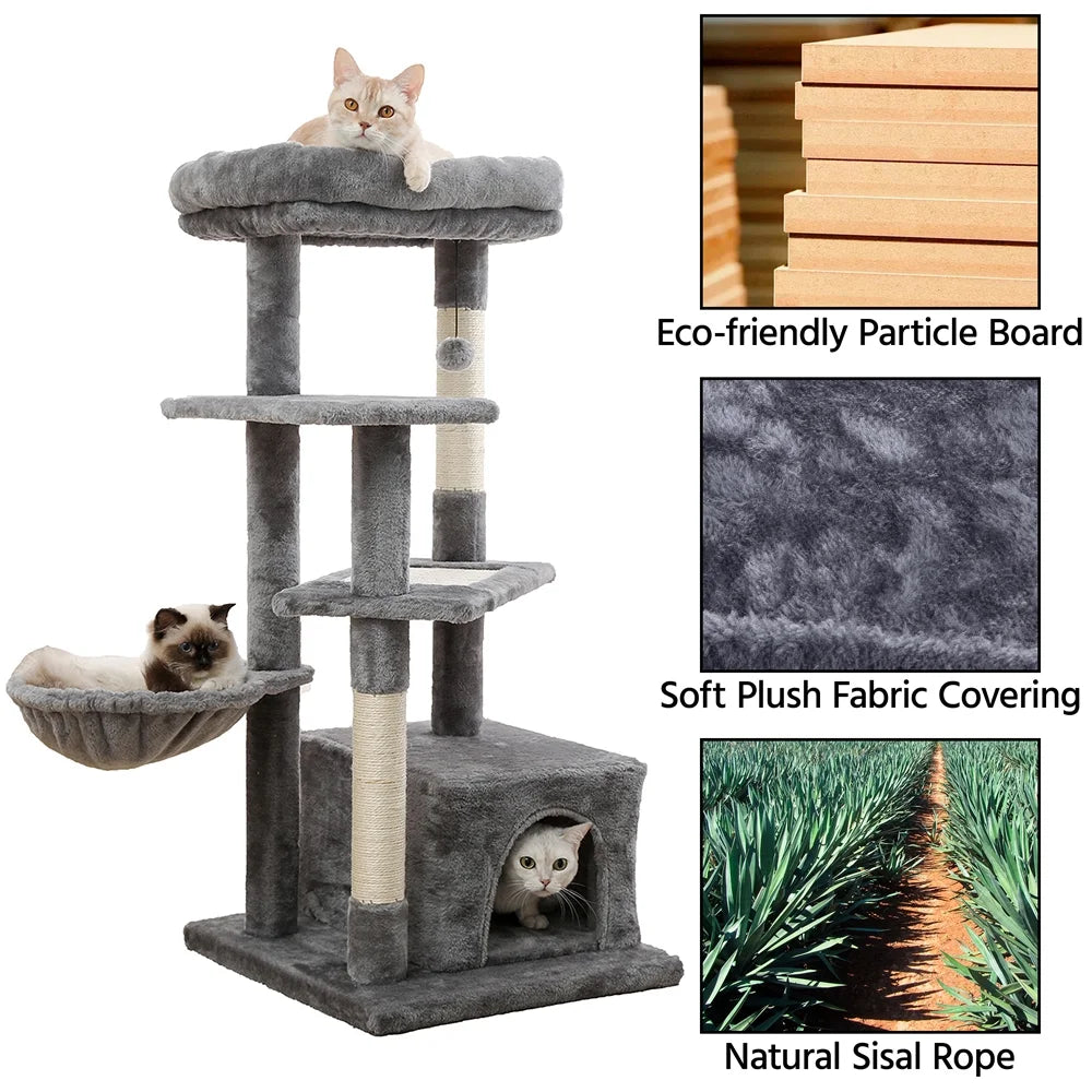 Cat Tree for Indoor Cats, 45 Inches Multi-Level Cat Tower with Sisal Covered Scratching Posts, Spacious Condo, Cozy Hammock and Plush Top Perch