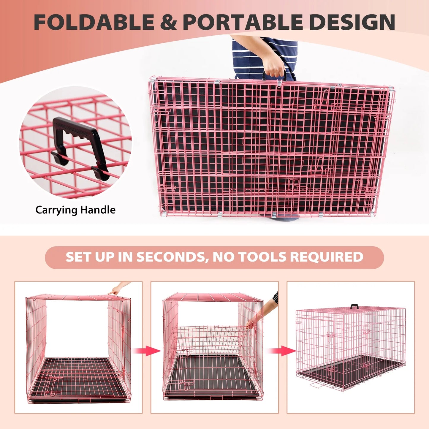 42 Inch Dog Crate, Dog Crates and Kennels Foldable Large Dog Crate for Large Dogs with Handle Double-Door Outdoor Metal Wire Dog Cage with Plastic Tray for Medium Dogs, Pink