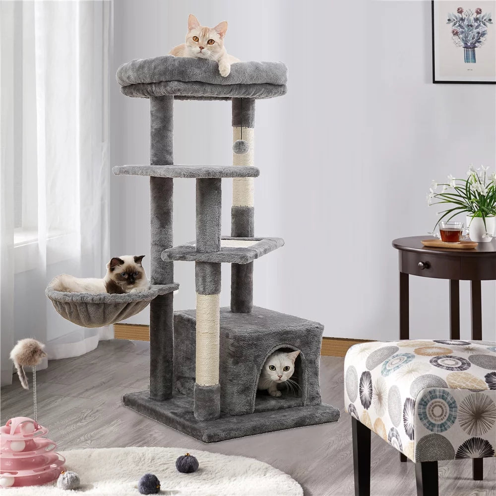 Cat Tree for Indoor Cats, 45 Inches Multi-Level Cat Tower with Sisal Covered Scratching Posts, Spacious Condo, Cozy Hammock and Plush Top Perch