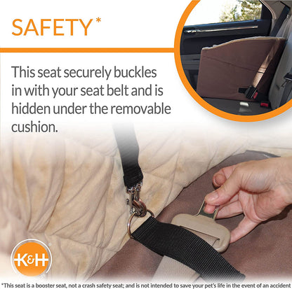 K&H Pet Product Bucket Booster Dog Car Seat with Dog Seat Belt for Car, Washable Small Dog Car Seat, Sturdy Dog Booster Seats for Small Dogs, Medium Dogs, 2 Safety Leashes, Small Tan/Tan